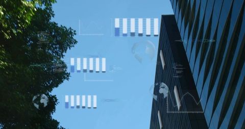 Glass skyscraper rising beside leafy canopy with digital HUD data overlay