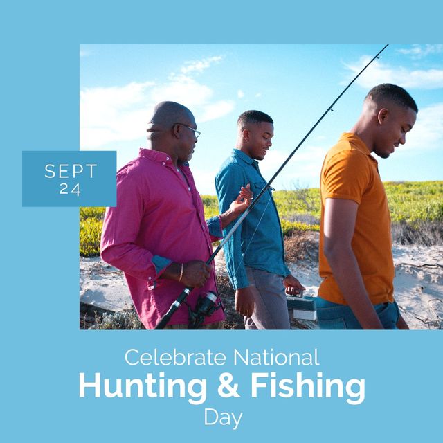 African american man with fishing rod and young sons with sept 24, national hunting and fishing day. Composite, family, together, nature, recreation, celebration and wildlife conservation concept.