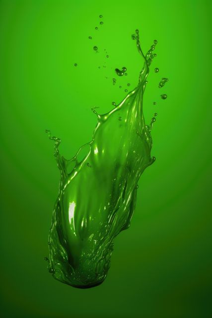 Close up of green liquid splashing on green background created using generative ai technology. Liquid and colour concept digitally generated image.