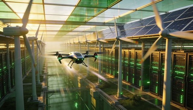 Autonomous drone navigating solar-powered data center corridor with wind turbines