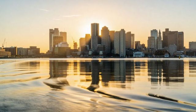 Golden hour backlit high-rise city skyline reflecting on harbor water with ferry wake