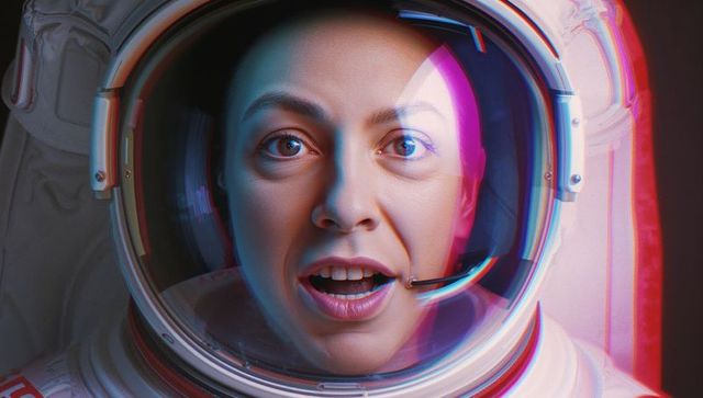 Surprised female astronaut reacting inside helmet with neon visor futuristic portrait