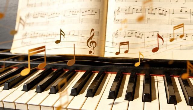 Antique piano keys with open score and floating golden musical notes over keyboard closeup