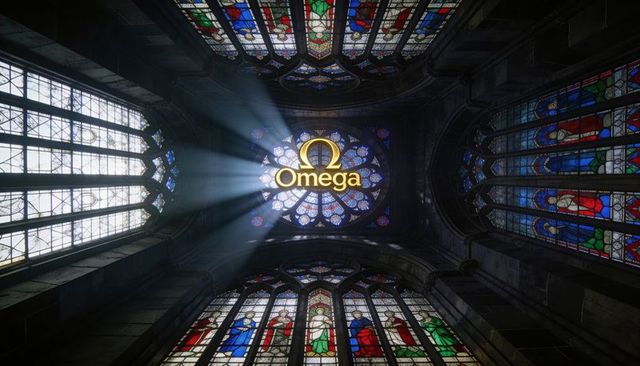 Golden omega logo glowing in gothic cathedral rose window with dramatic sunbeams