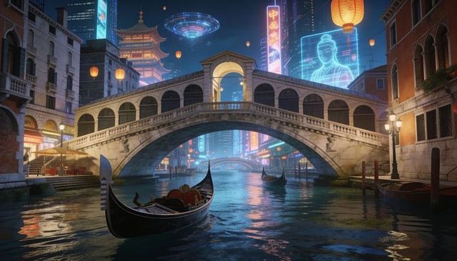 Futuristic venice canal at night with gondolas, rialto bridge, neon holograms and lanterns