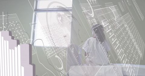 Child patient sitting on hospital bed with holographic medical dashboards and overlays