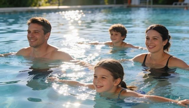 Smiling family enjoying sunlit outdoor pool, parents and kids floating and laughing