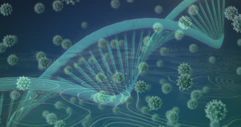 DNA Helix with Floating Coronavirus Particles in Digital Abstract