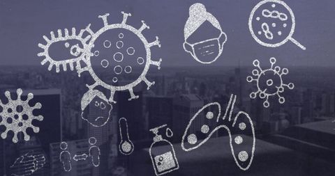 Coronavirus Icons Over Cityscape Illustrating COVID-19 Pandemic Impact