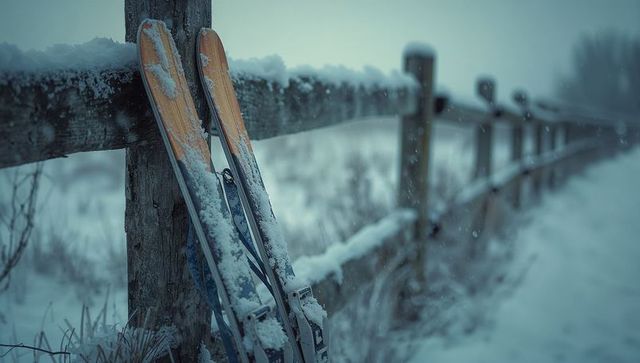 Vintage wooden skis on snowy rural fence in winter landscape