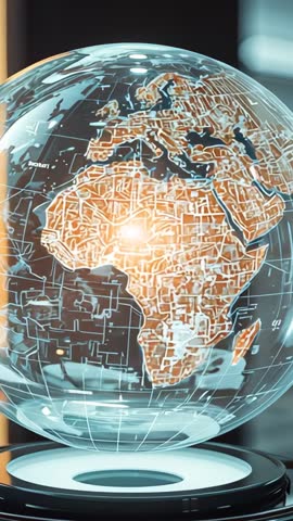 Vertical video activating holographic circuit globe rotating over illuminated tech base