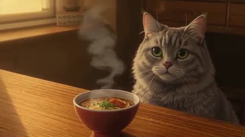 Gray Tabby Cat Curiously Gazing at Steaming Ramen Bowl