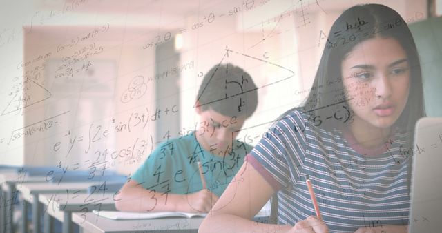 Image shows two students in a classroom setting focused on studying mathematics. Mathematical equations and geometrical shapes overlay the scene, emphasizing the learning aspect. This visual can be useful for educational websites, math learning apps, school promotional materials, and articles related to education and student learning.