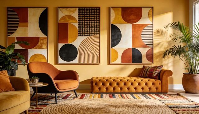 Sunlit midcentury bohemian living room featuring tufted mustard daybed and geometric art