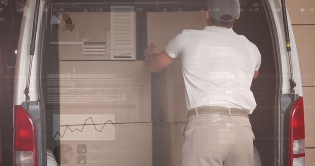 Box delivery scene overlaid with graphs and statistics data, illustrating modern logistics operations enhanced by technology. Ideal for marketing materials on digital innovations in supply chain, articles on logistics management powered by big data, or tech development in global distribution solutions.