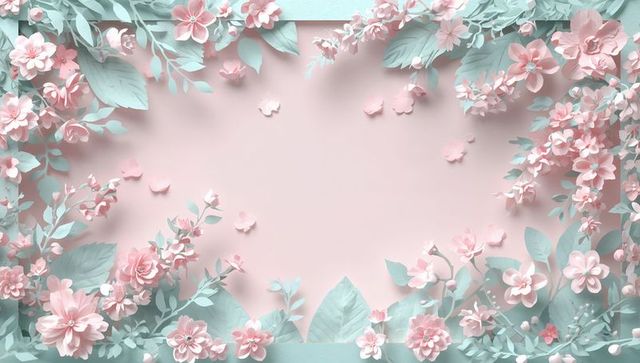 Pastel paper-cut floral frame surrounding blank pink center for elegant greeting card designs