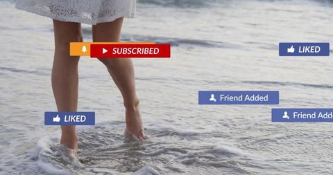 Feet in Ocean with Social Media Interaction Overlays