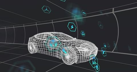 Futuristic 3D Wireframe Car in Technology Grid Tunnel