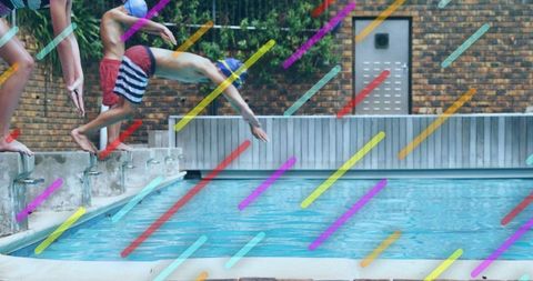 Child Diving into Pool with Colorful Motion Lines Illustrating Fun