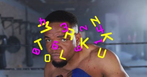 Leaning boxer holding guard in ring with neon overlay, intense training portrait