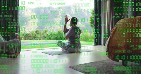 Man Meditating Facing Mountain View with Green Binary Code Overlay for Digital Wellness