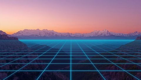Glowing neon wireframe grid stretching over canyon toward snowy peaks at sunset