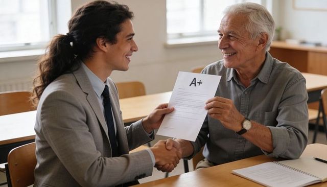 Smiling mentor handing a+ certificate and shaking hands with student in classroom