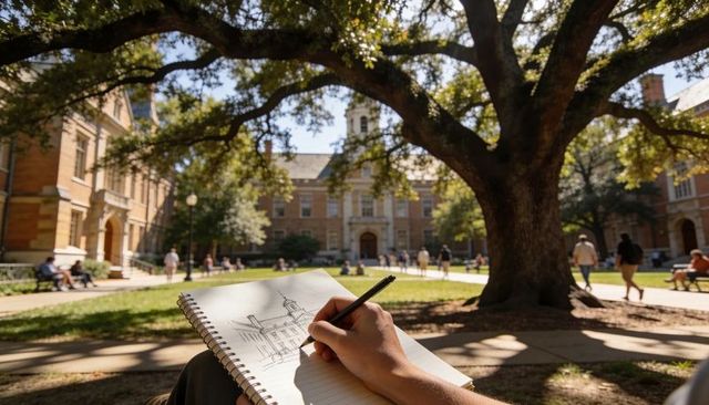 Student sketching historic campus quad under oak tree, sunlit college architecture