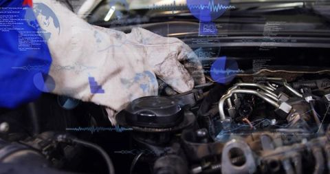 Mechanic inspecting engine oil filler cap with gloved hand and digital diagnostics overlay