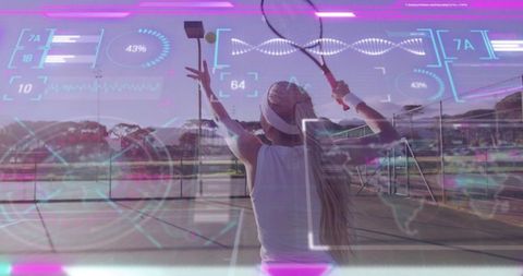 Tennis Player on Outdoor Court with Futuristic HUD Graphics