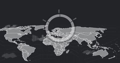 Displaying global digital map with translucent radial analytics and hexagonal data clusters