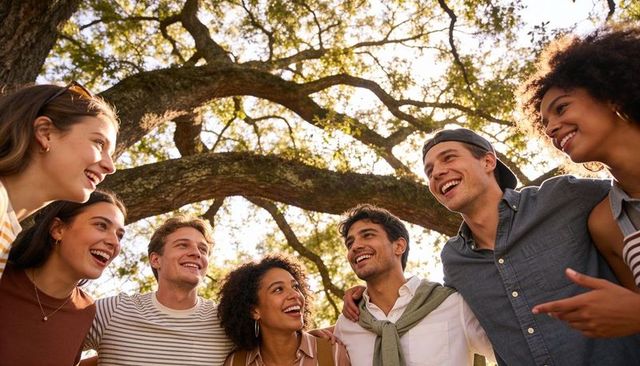 Laughing diverse friends embracing beneath large oak tree during sunny park hangout