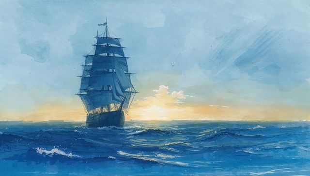Majestic sailing ship at sunset on ocean voyage