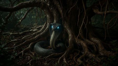 Mystical cobra with glowing eyes in enchanted forest