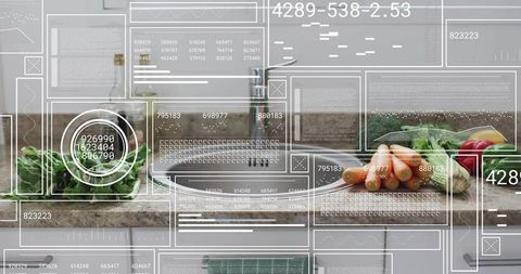 Augmented reality kitchen overlay annotating fresh produce on granite countertop hud