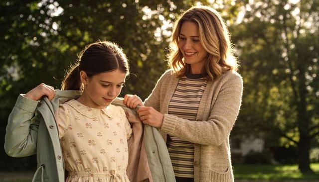 Mother helping daughter put on jacket during golden hour outdoor family moment