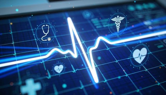 Glowing ecg waveform on digital medical monitor with telemedicine icons and analytics ui