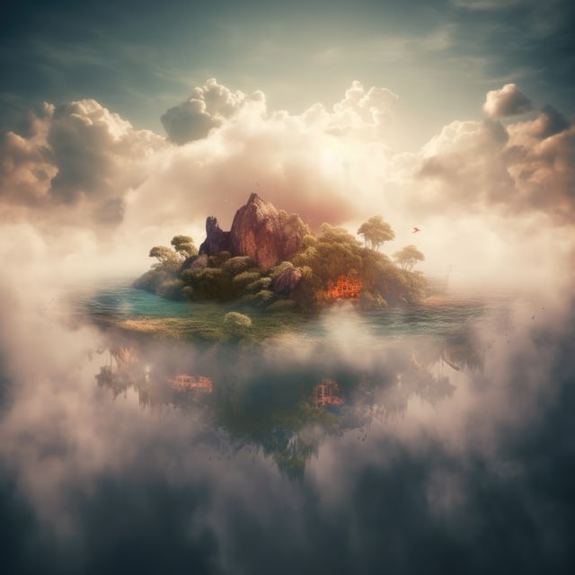 Island in the sky with lake and greenery, created using generative ai technology. Fantasy and travel concept digitally generated image.