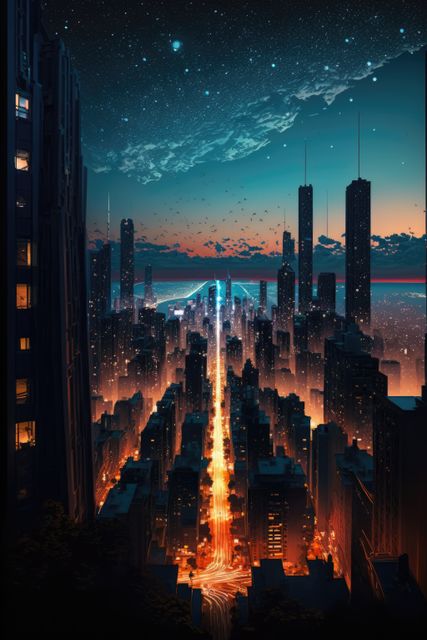 This image depicts a stunning futuristic cityscape during nighttime, with an illuminated straight road in the center, flanked by high-rise buildings. The sky transitions from dusk into night, adorned with stars and a vibrant horizon. Ideal for use in sci-fi art, urban development concepts, and background themes for cyberpunk projects.