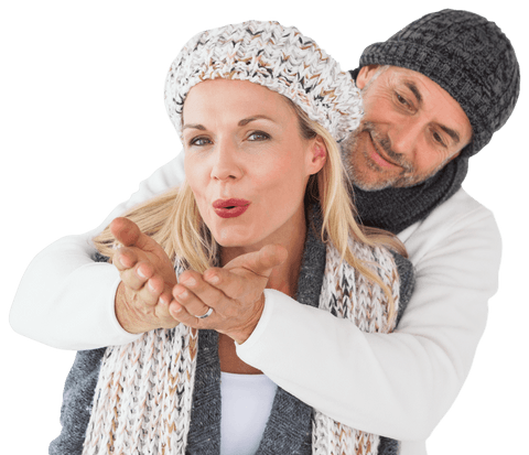 Loving senior couple enjoying winter with transparency background