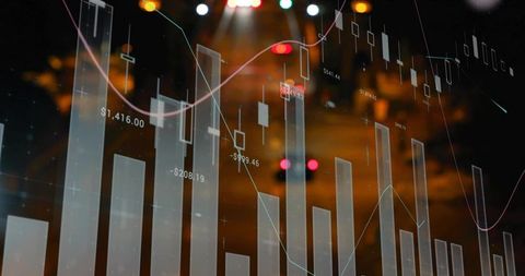Transparent finance dashboard over night city lights, bar charts, candlesticks, trendlines