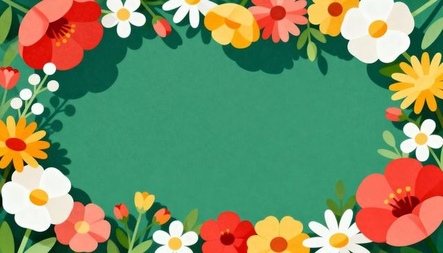 Spring floral border framing green center flat vector for greeting cards, invitations