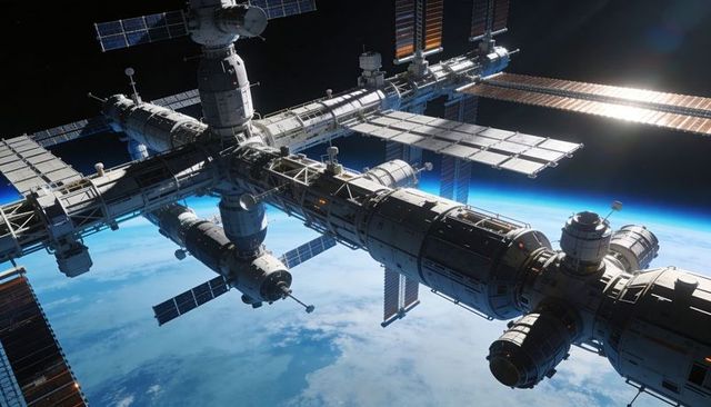 Orbiting Modular Space Station Above Earth Limb with Sunlit Solar Arrays and Docking Truss