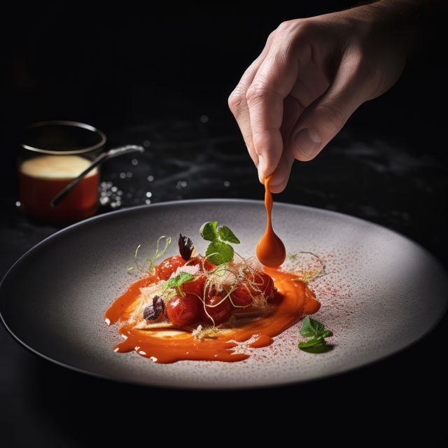 Gourmet chef delicately garnishes an elegant plate of food with a vibrant red sauce, showcasing fine dining and culinary artistry. Use for content related to upscale restaurants, chef profiles, cooking tutorials, food blogs, or marketing for culinary establishments.