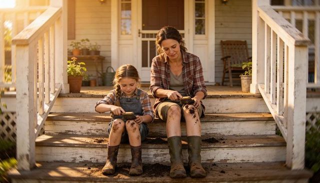 Mother and daughter brushing dirt from knees on front porch steps at golden hour