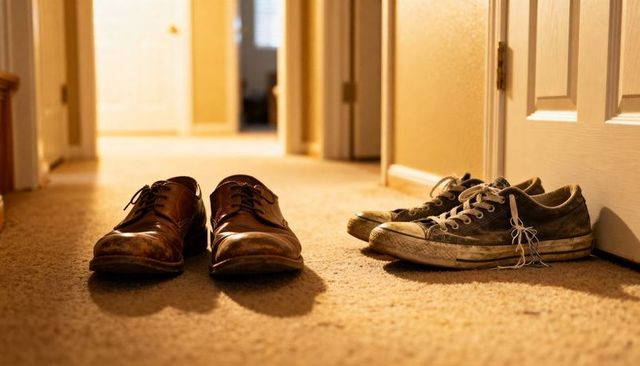 Brown leather dress shoes and worn canvas sneakers resting on hallway carpet in warm light