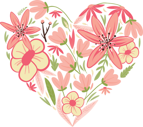 Beautiful heart created with various pink flowers and green leaves on transparent background, this vector design offers a stunning and romantic look.