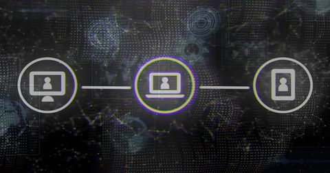 Connecting Desktop Laptop Mobile through Glowing Neon Network with Futuristic Grid