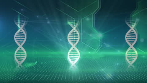 Digital DNA Strand on Green Background in Scientific Concept