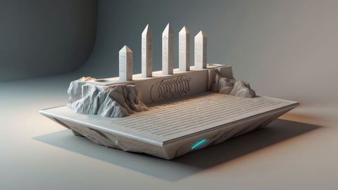 Futuristic Stone Tablet with Carved Text and Abstract Patterns